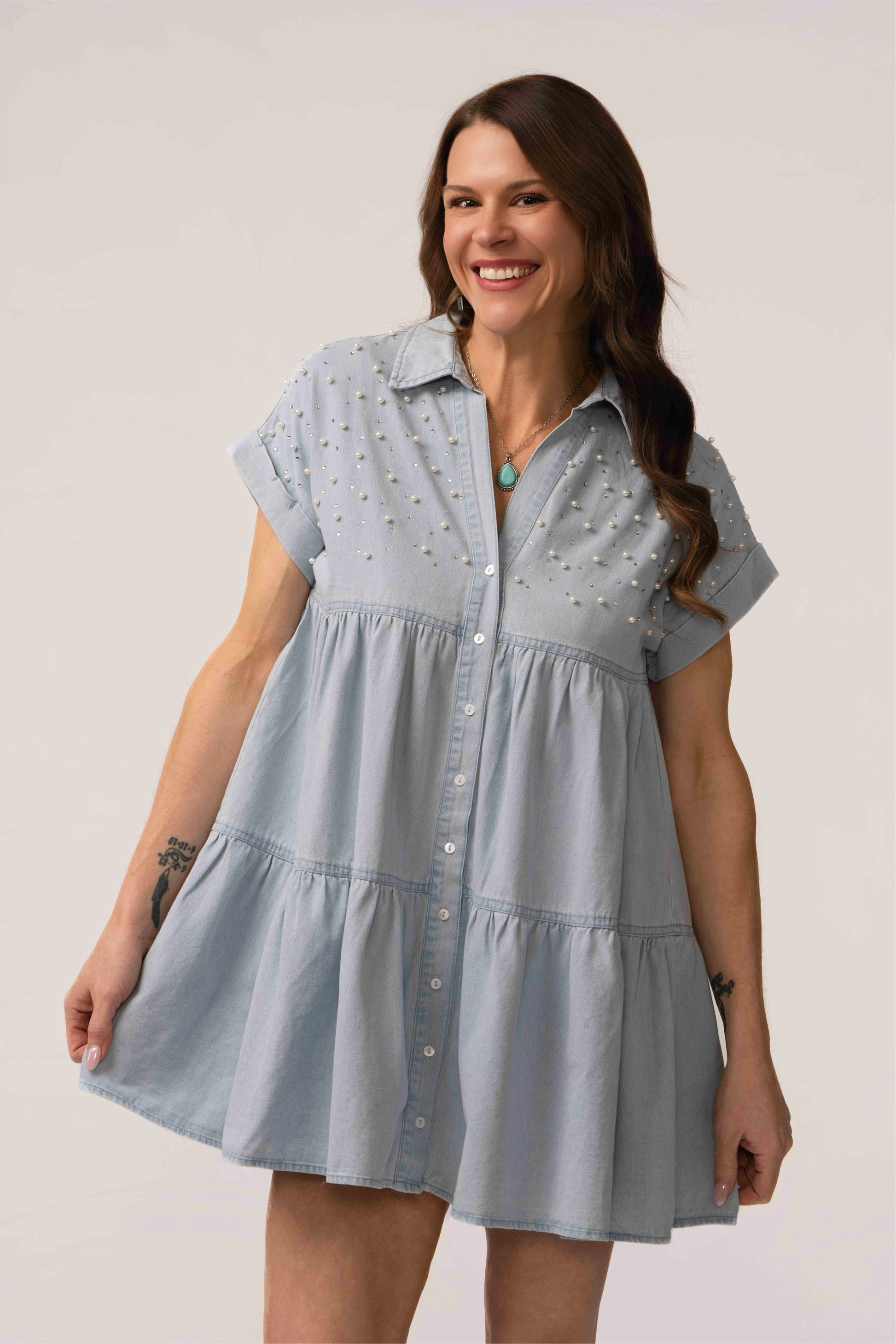 Cute and Charming Pearl & Rhinestone Loose Fit Denim Dress Small