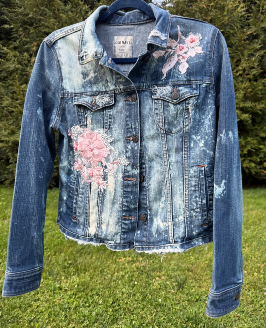 Bleached Embellished Upcycled Denim Jacket Large