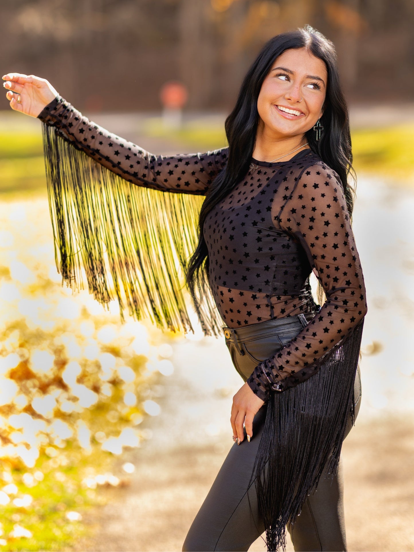 Star Mesh Long Sleeve Top with Fringe Sleeves