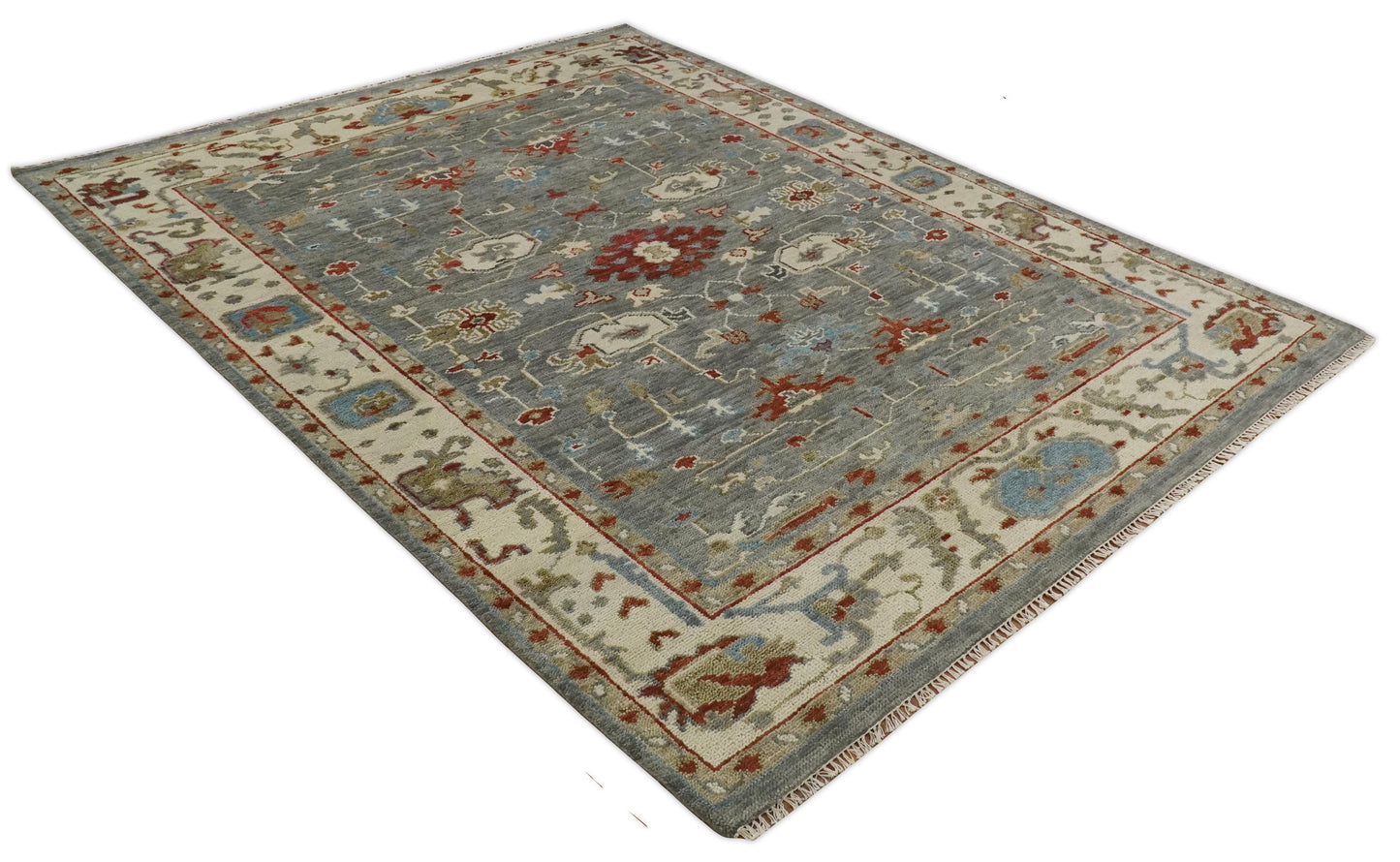 Hand Knotted Living Room Rug Charcoal, Red and Beige Traditional Vintage Style Custom Made Wool Area Rug