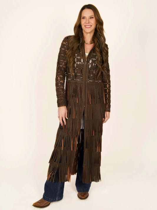 Italian Leather Laser-Cut Fringe Duster Jacket