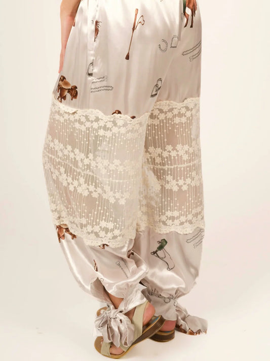 Stretch Satin Equestrian Print Lace-Paneled Balloon Pants