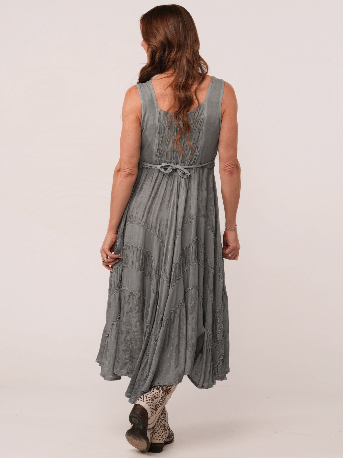 Ash Grey Lace Up Front Tiered Midi Dress