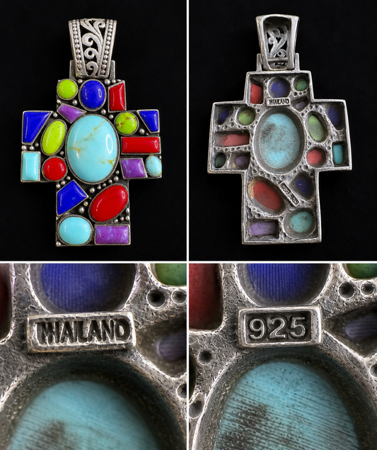 Sterling Silver Multi-Stone Cross Pendant | Thailand Inlay | Bold Color Statement 2”
