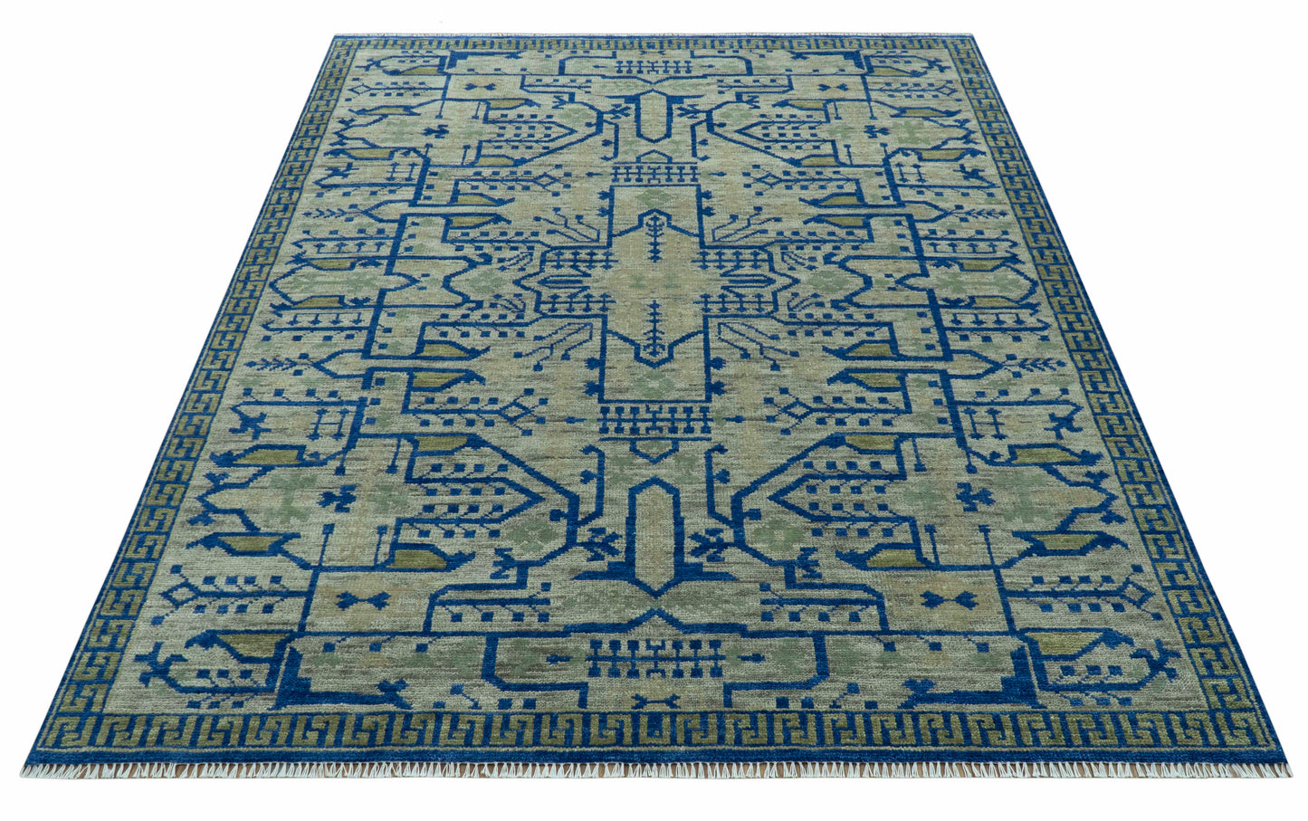 Blue And Beige Modern Design Hand Knotted Custom Made Wool Area Rug