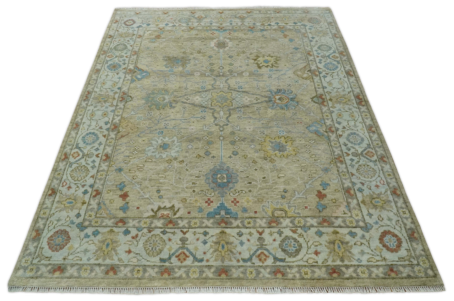 Hand Knotted Beige, Ivory and Gray Oushak Custom Made Wool Rug
