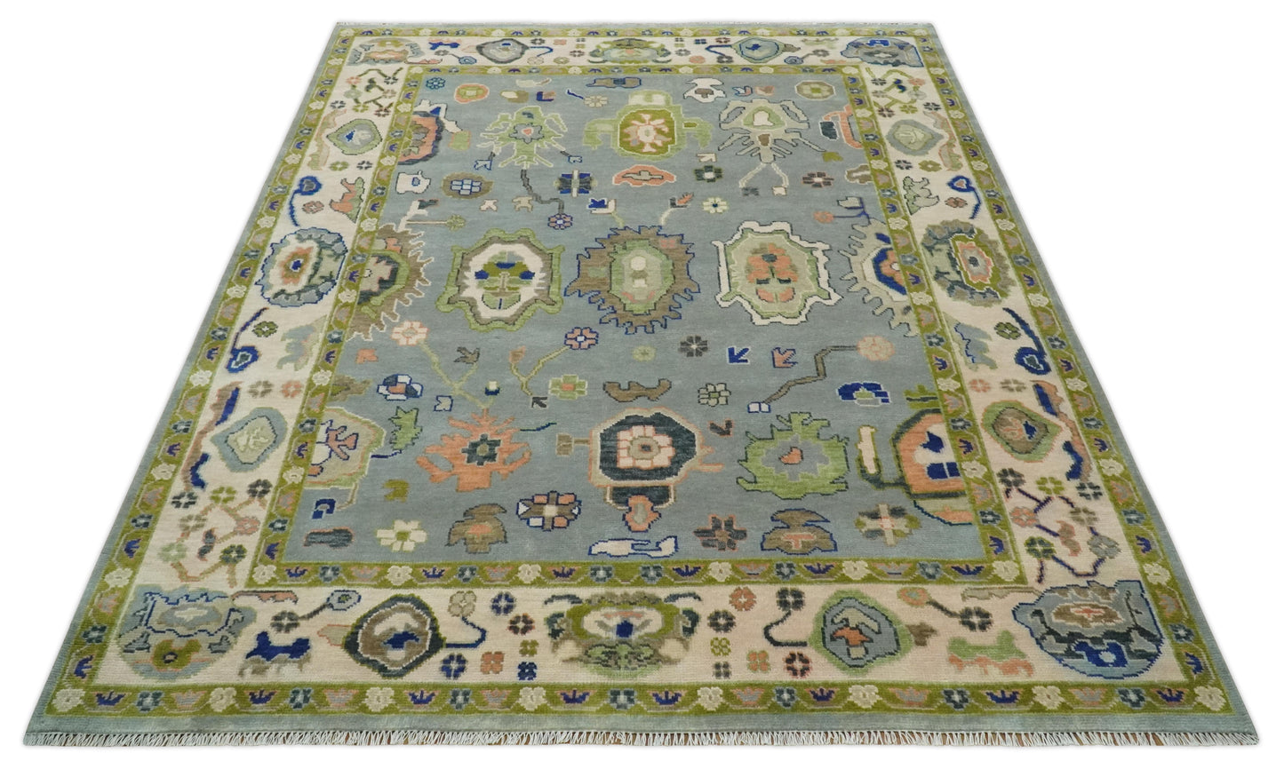 Vibrant Colorful Silver, Green and Light Peach Hand knotted Oushak wool Area Rug