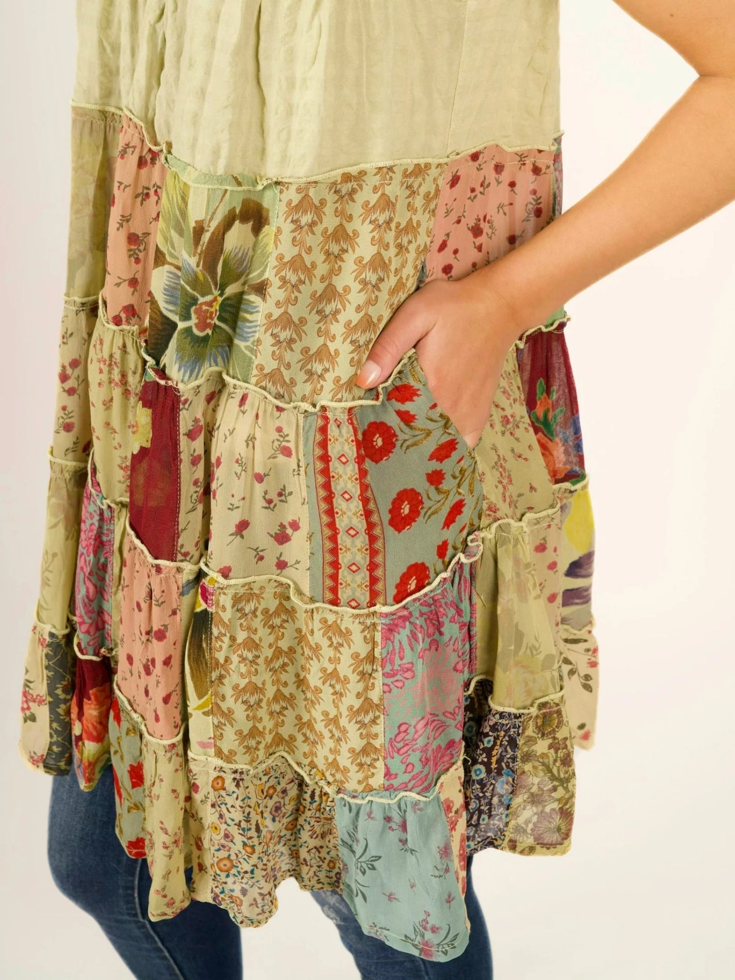 Sleeveless V-Neck Boho Tiered Patchwork Tunic Blouse / Dress