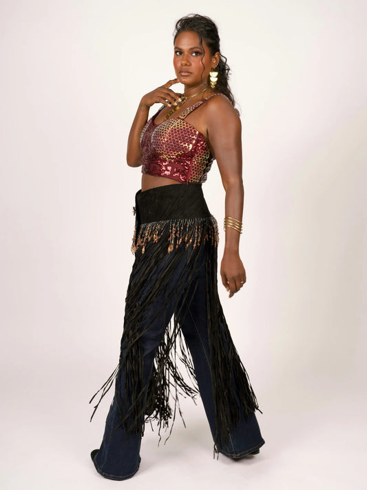 Long Suede Fringe Western Belt with Iridescent Beading by Pat Dahnke