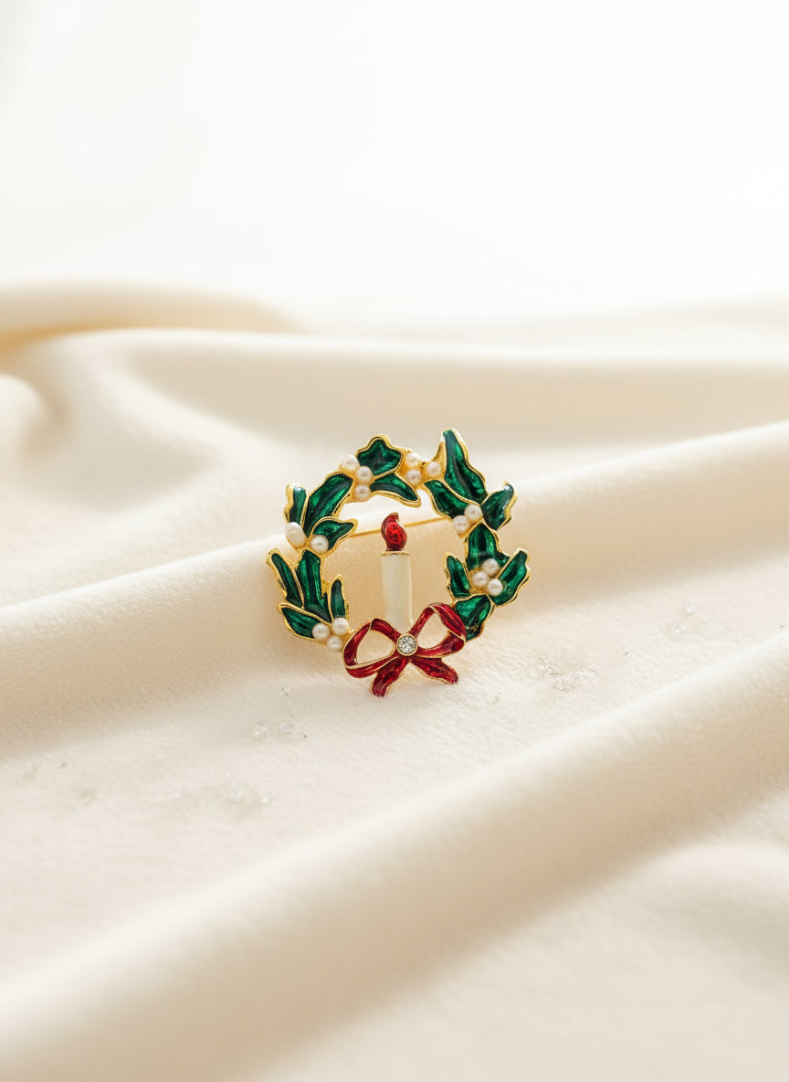 Vintage Gold Tone with Faux Pearl, Green and Red Enamel Candle Christmas Wreath Brooch