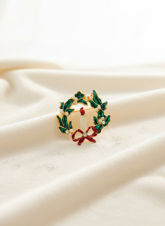 Vintage Gold Tone with Faux Pearl, Green and Red Enamel Candle Christmas Wreath Brooch