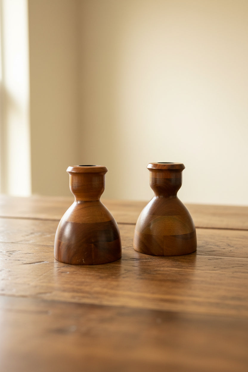 MCM Vintage Turned Wood Candlestick Holders (2)