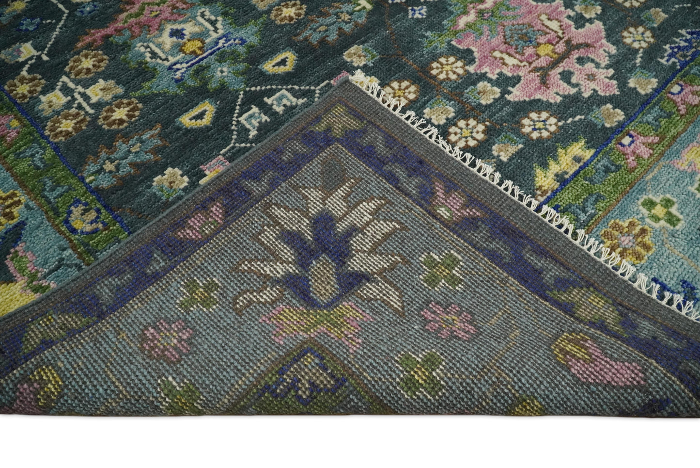 Antique Design Hand Knotted Green Moss and Blue Turkish Oushak Custom Made Wool Area Rug