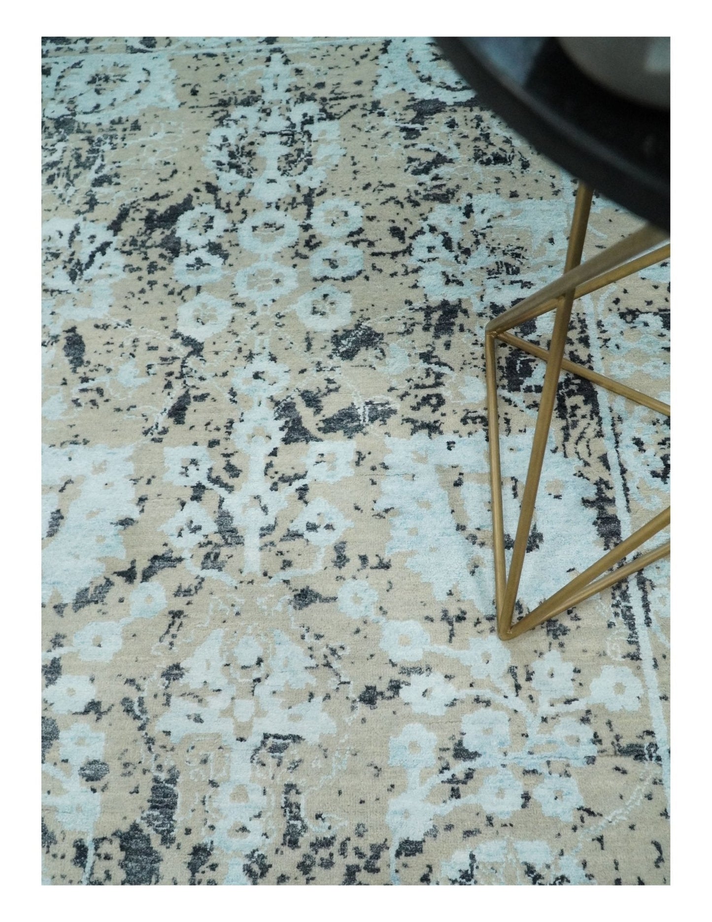 4x6 Fine Hand Knotted Aqua, Beige and Black Traditional Vintage Persian Style Antique Wool and Bamboo Silk Rug | AGR10