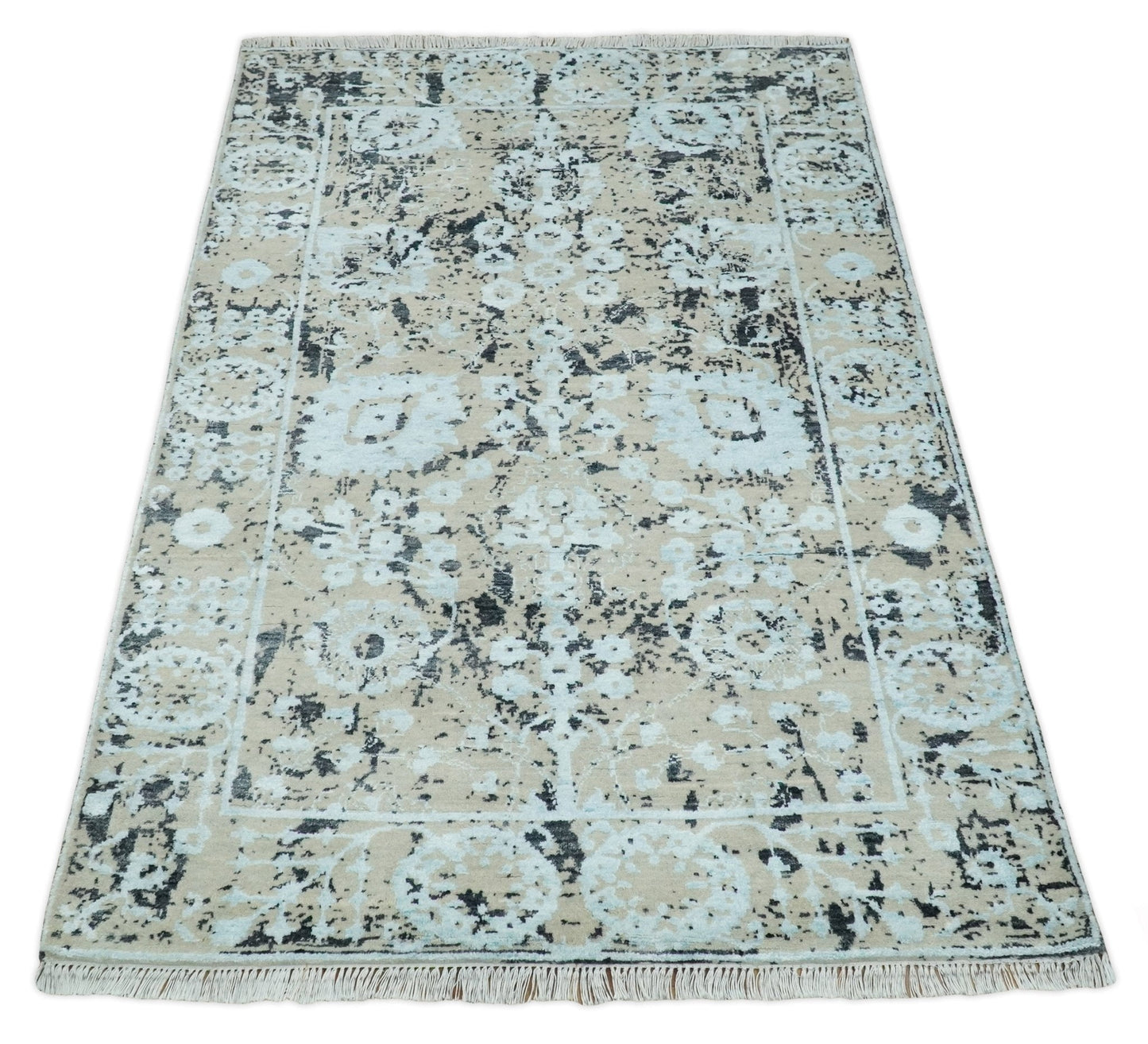 4x6 Fine Hand Knotted Aqua, Beige and Black Traditional Vintage Persian Style Antique Wool and Bamboo Silk Rug | AGR10