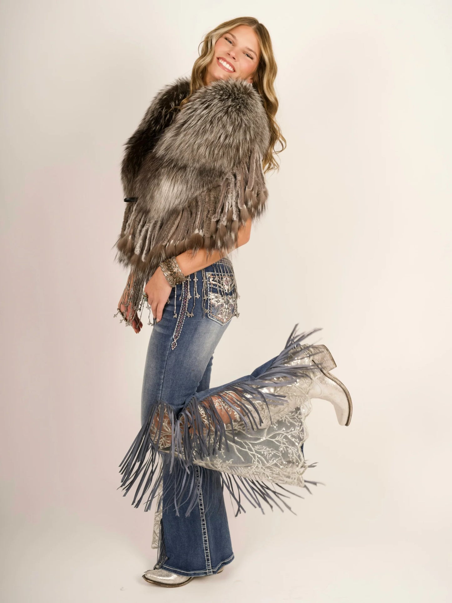 Lace Inset with Fringe Flare Jeans