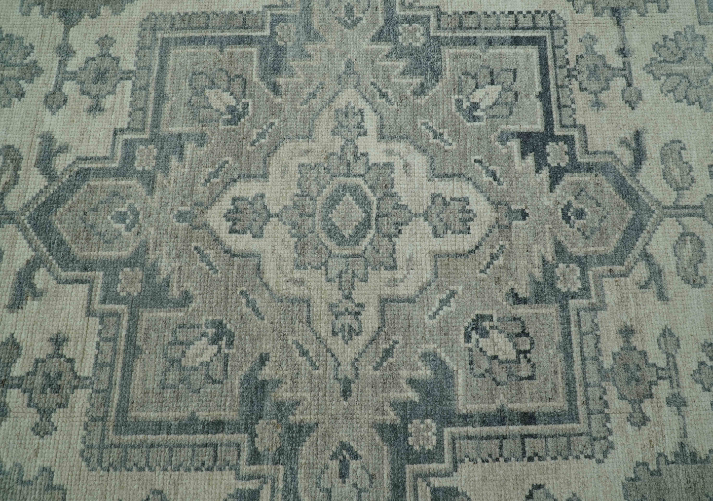 Gray And Beige Turkish Design Hand Knotted Custom Made Wool And Linen Rug