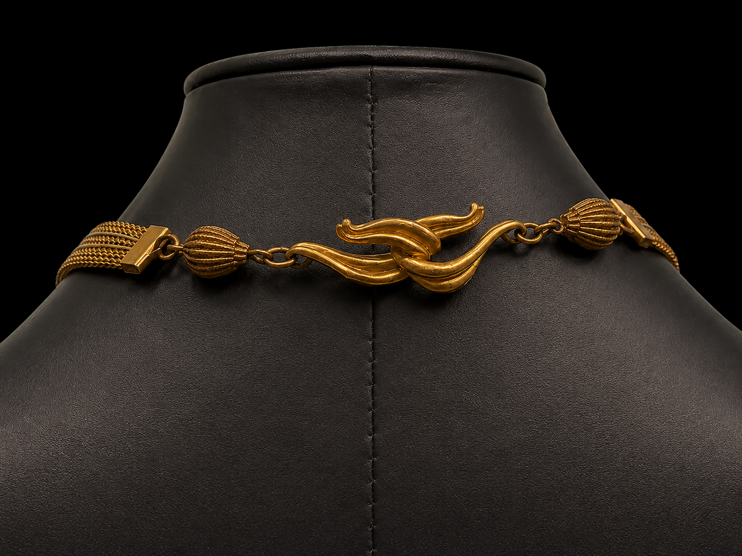 Vintage Egyptian Revival Statement Necklace 15” | Multi-Strand Gold Tone Mesh Collar with Stone Cabochon Pendant 2.2”
