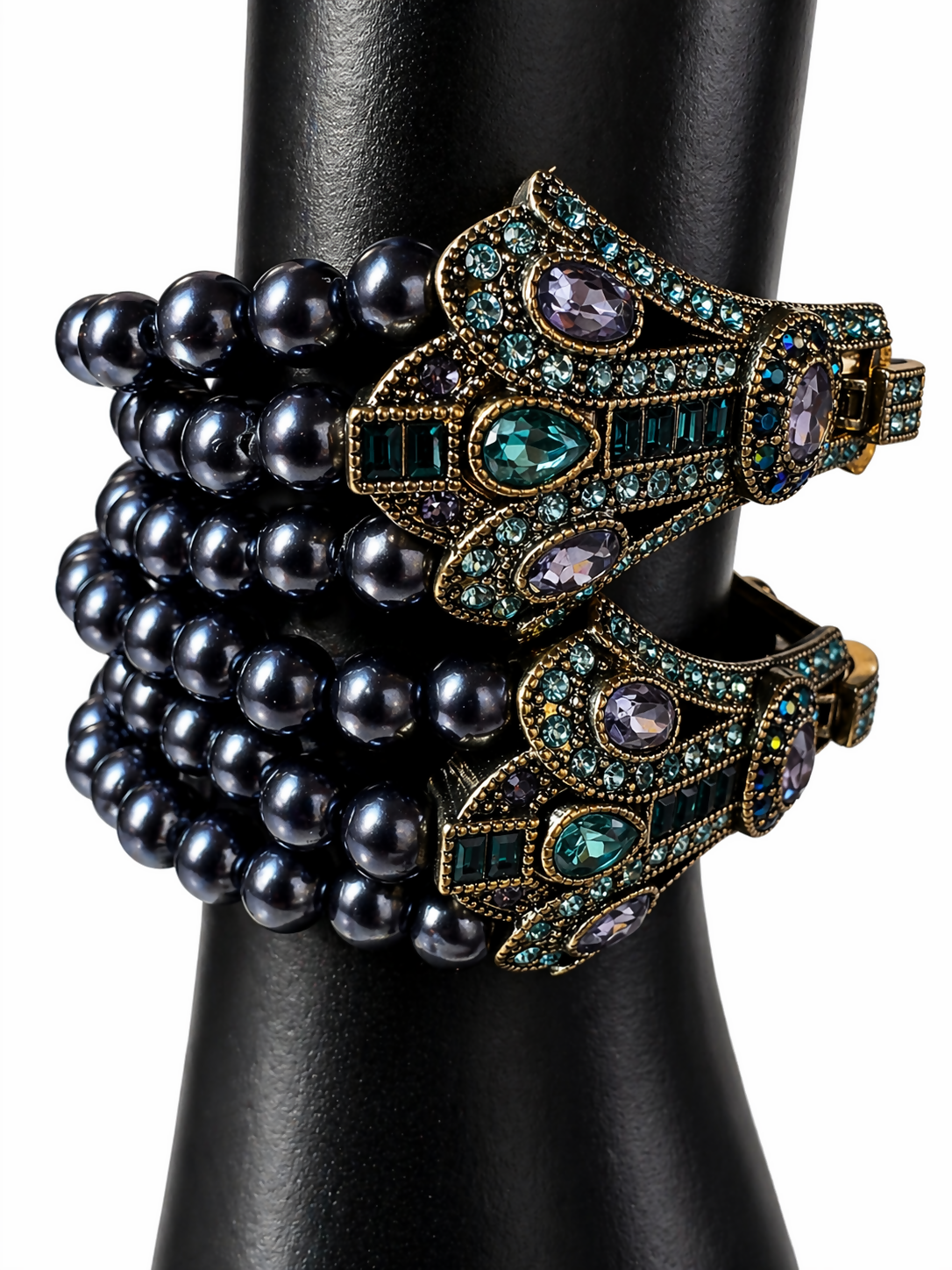 Heidi Daus “Age of Elegance” Multi Strand Crystal and Faux Black Pearl Necklace 26” with 2 Coordinating Statement Bracelets 6.5”