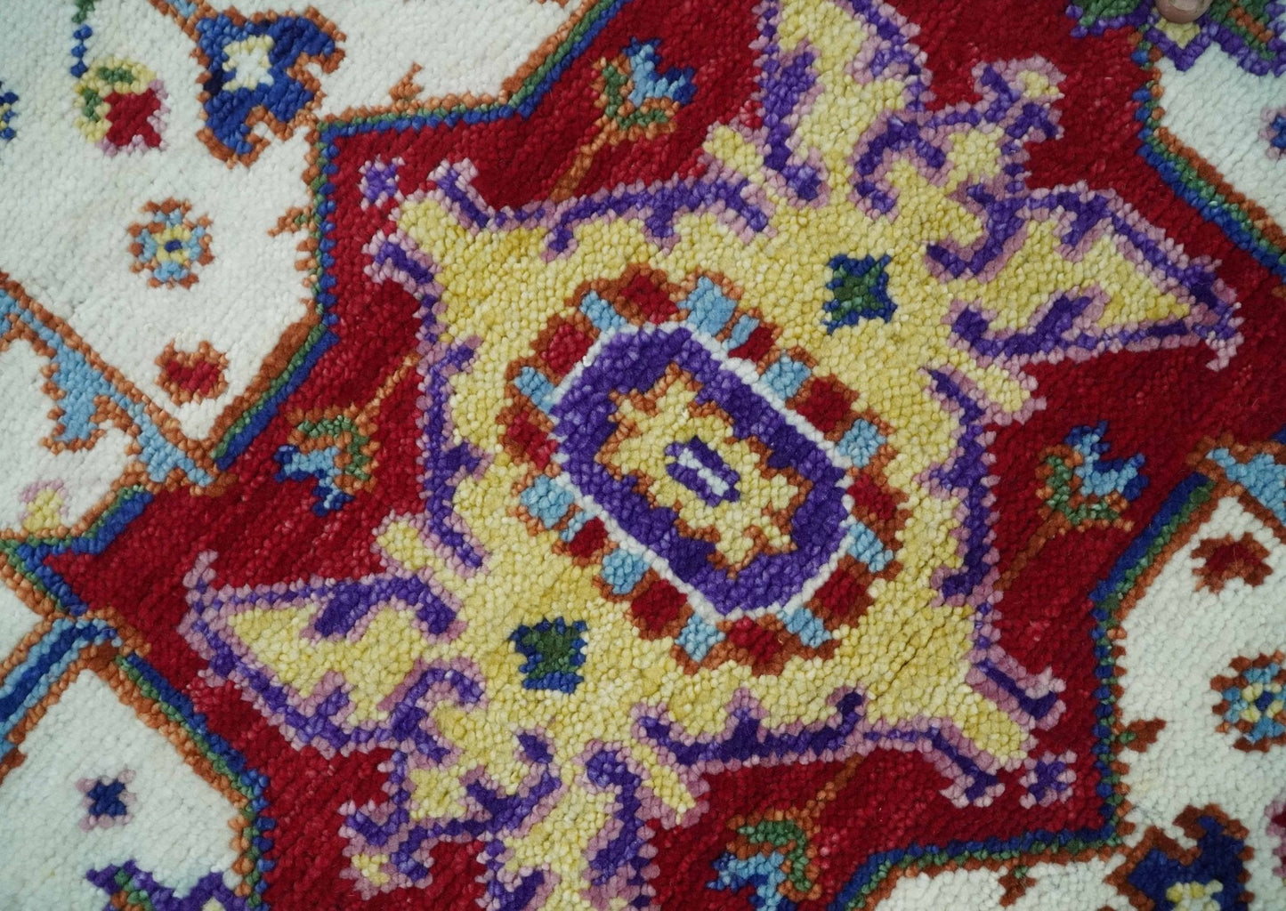 Maroon, Ivory, Blue and Rust Hand Knotted Traditional Heriz Multi Size wool Area Rug