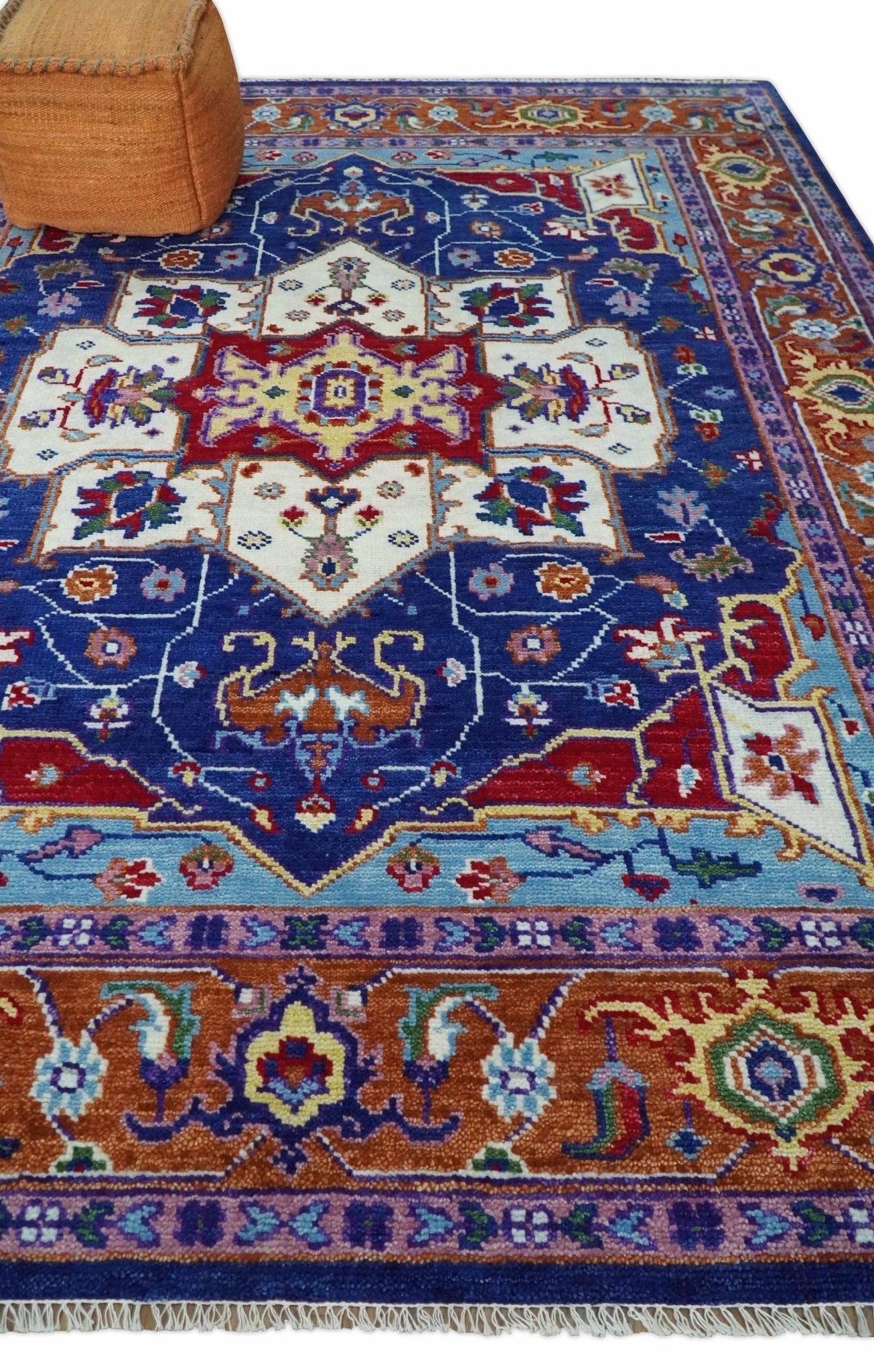 Maroon, Ivory, Blue and Rust Hand Knotted Traditional Heriz Multi Size wool Area Rug