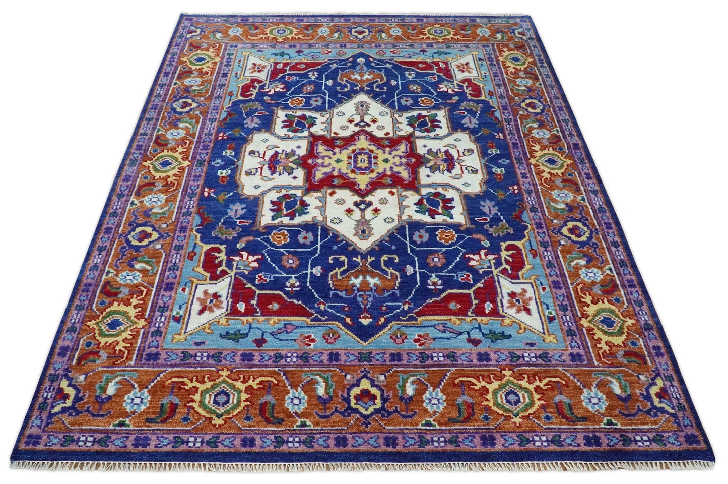 Maroon, Ivory, Blue and Rust Hand Knotted Traditional Heriz Multi Size wool Area Rug