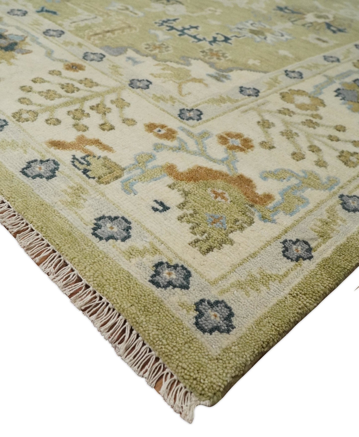 Hand Knotted Custom Made Olive, Silver and Beige Traditional Wool Rug