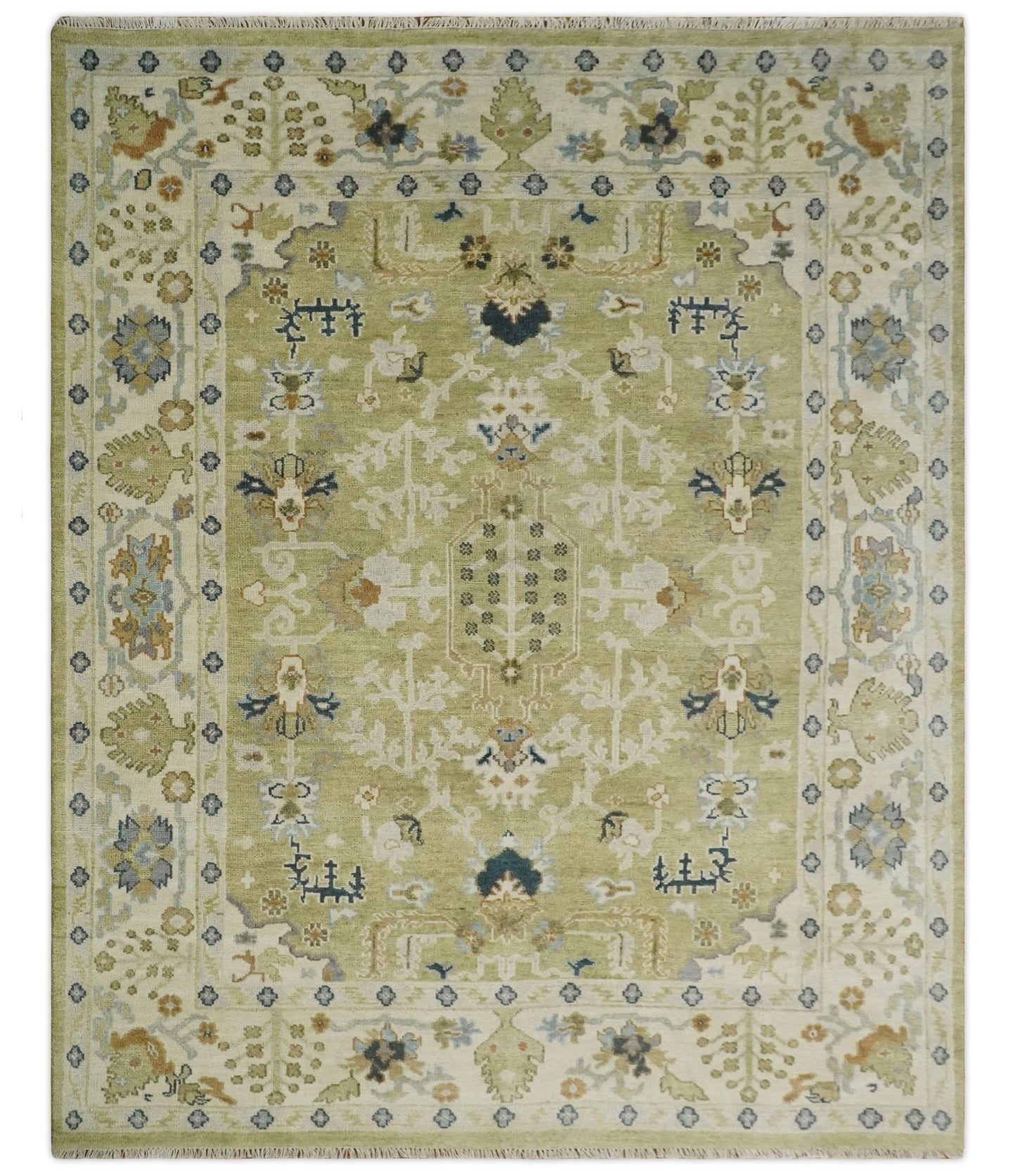 Hand Knotted Custom Made Olive, Silver and Beige Traditional Wool Rug