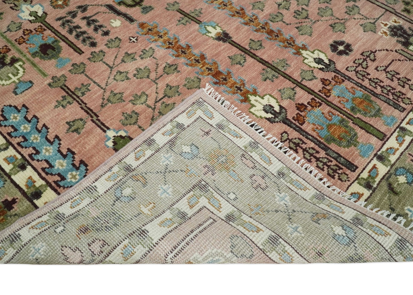 Pink, Olive and Beige Traditional Vintage Heriz Serapi Wool Rug