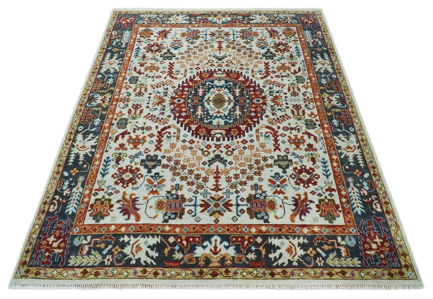 Hand Knotted traditional Oriental Ivory, Rust and Gray Multi Size wool Area Rug