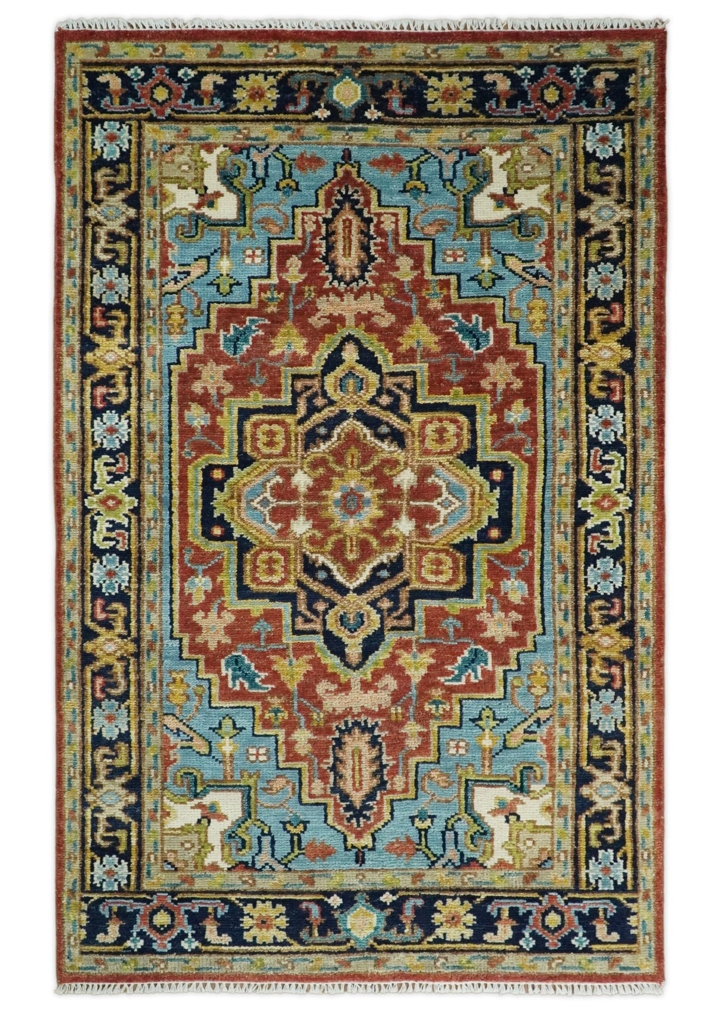 Rust And Blue Traditional Medallion Hand Knotted Wool Area Rug