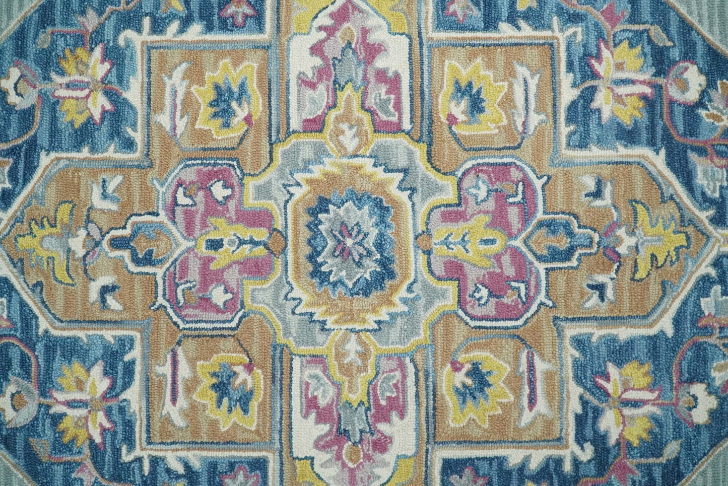 Traditional Blue and Camel Textured Loop Wool Hand Tufted Area Rug