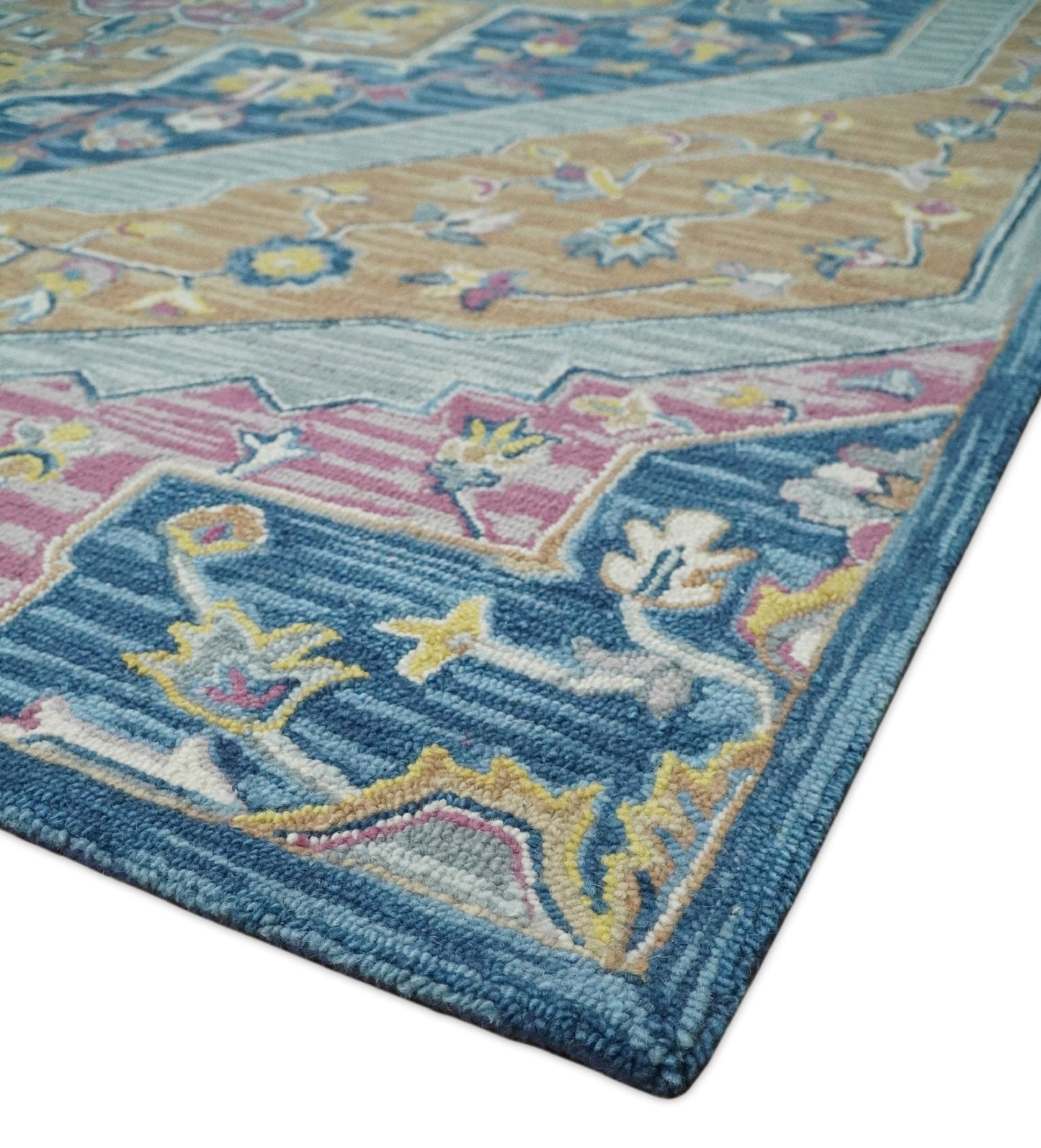 Traditional Blue and Camel Textured Loop Wool Hand Tufted Area Rug