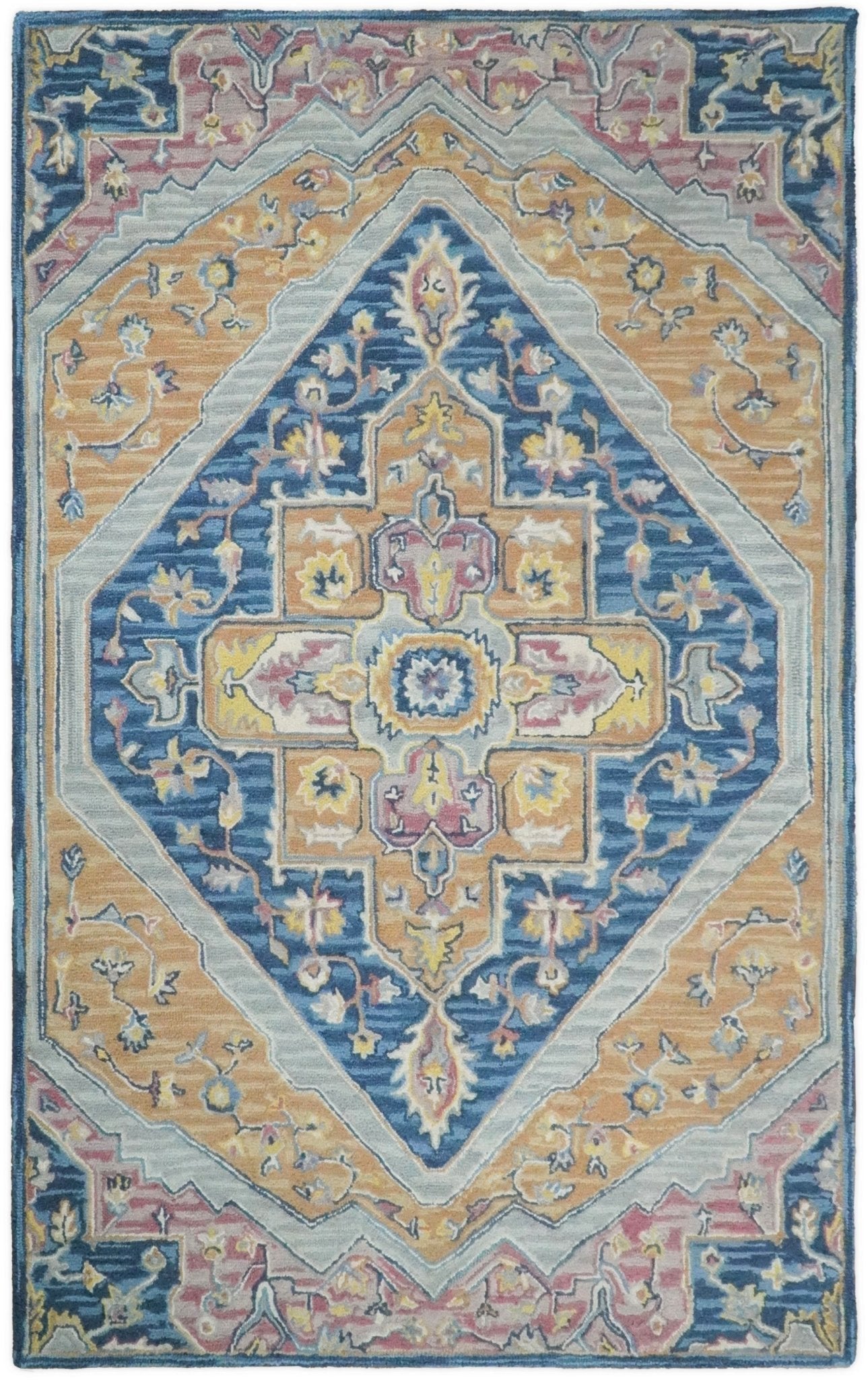 Traditional Blue and Camel Textured Loop Wool Hand Tufted Area Rug