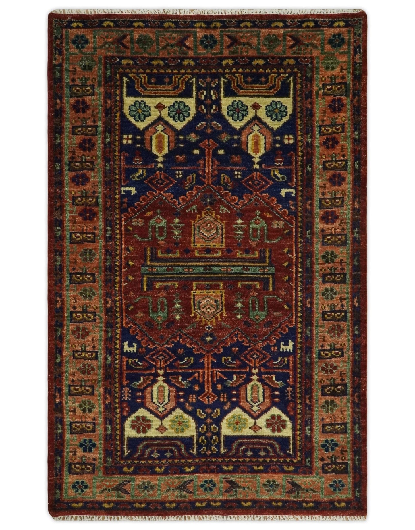 Wool Traditional Antique Style Wool Red and Blue Area Rug