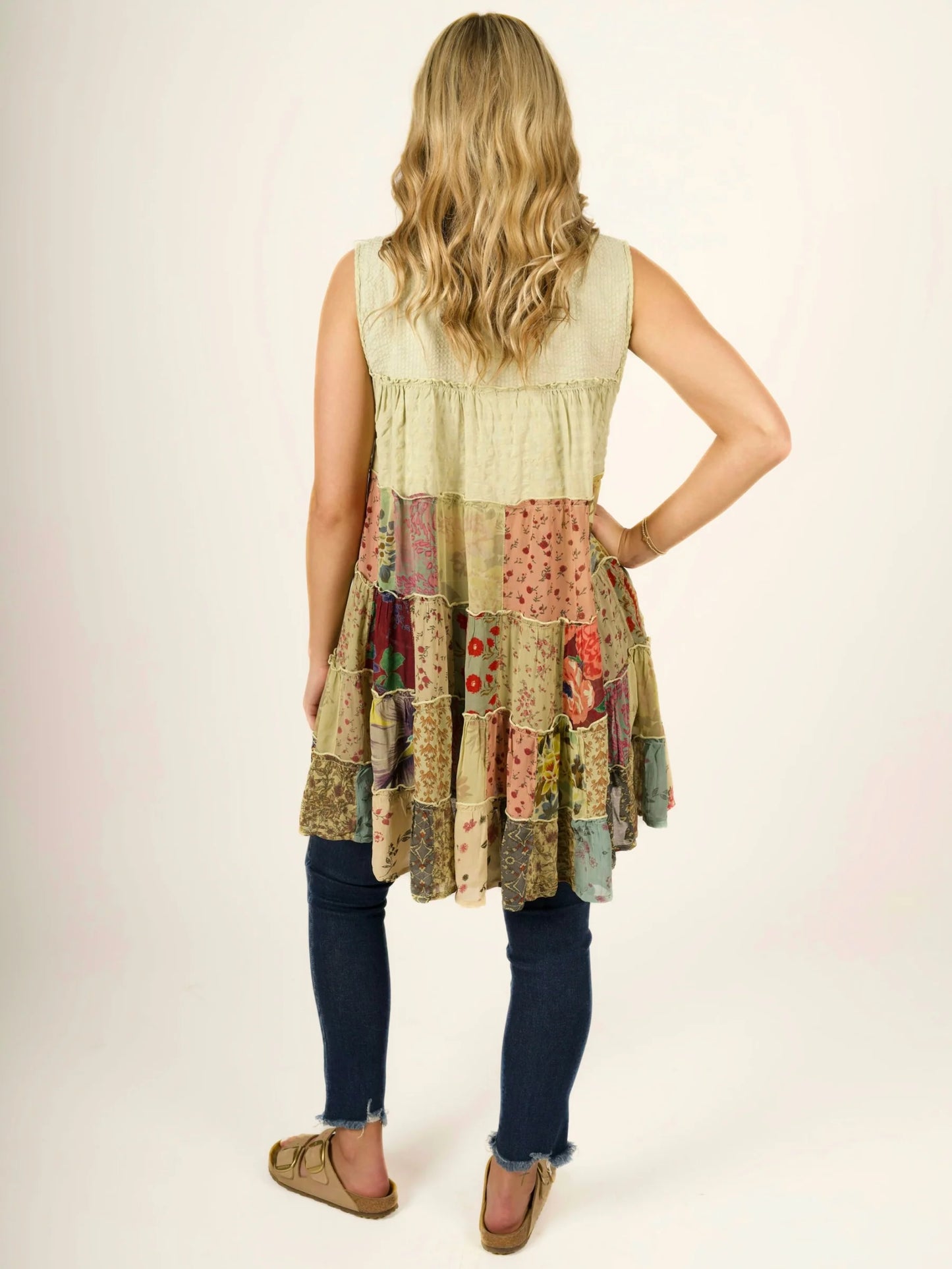 Sleeveless V-Neck Boho Tiered Patchwork Tunic Blouse / Dress