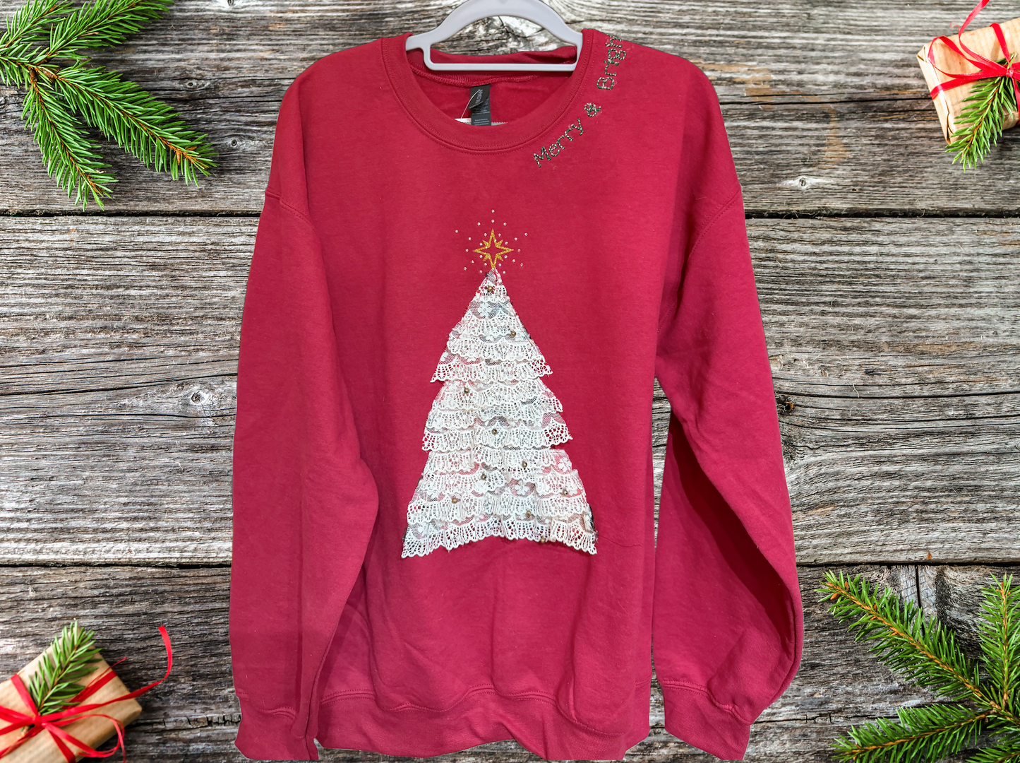 Red Sweatshirt with a Lacey Tree-Merry & Bright LARGE