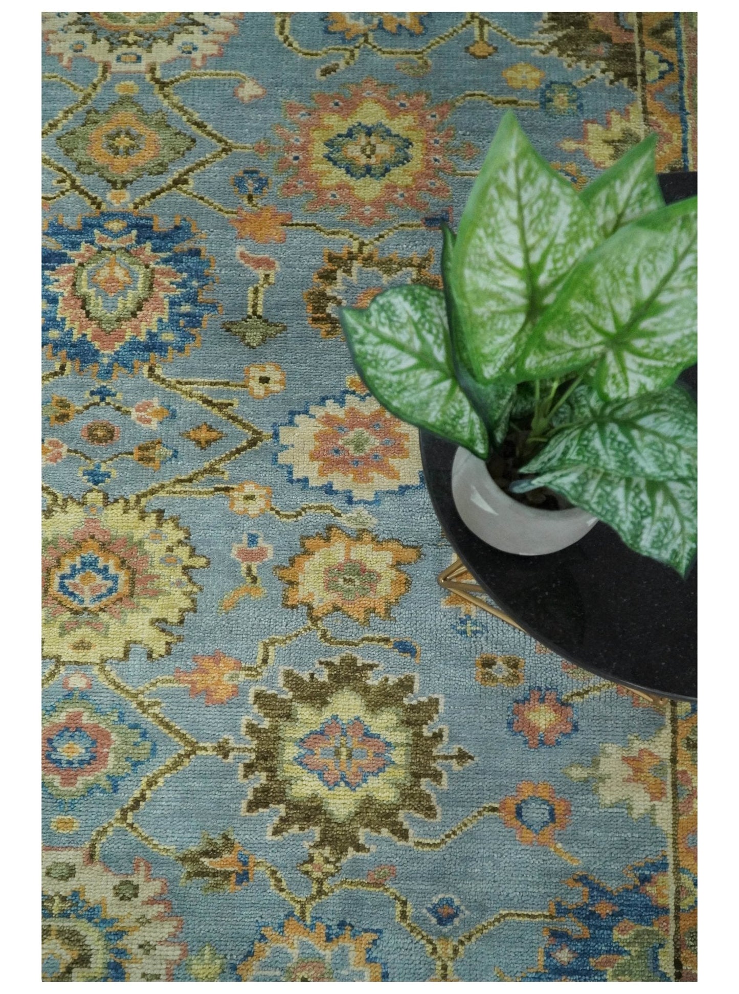 Hand Knotted Blue and Rust Traditional Oushak Area Rug