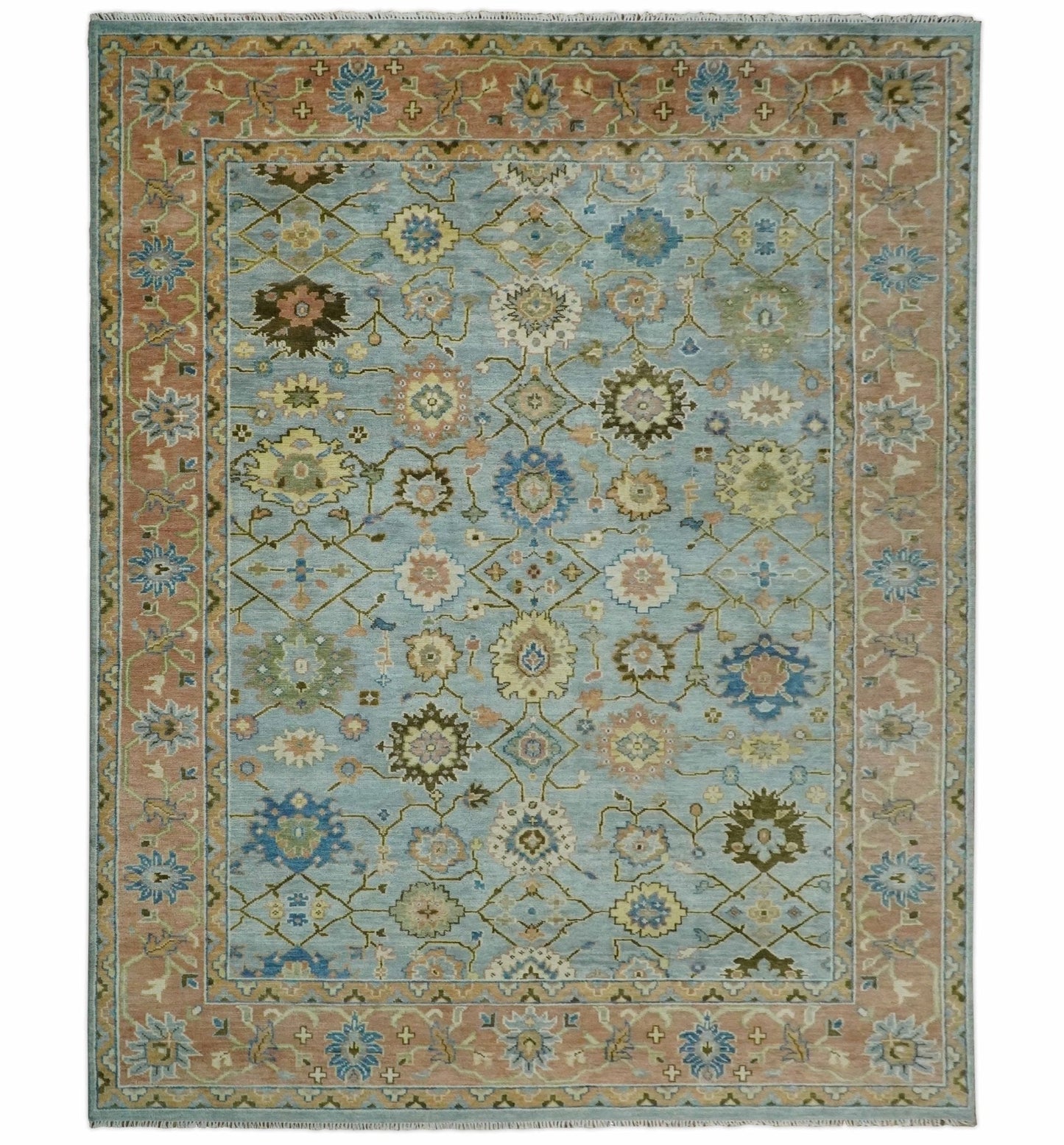 Hand Knotted Blue and Rust Traditional Oushak Area Rug