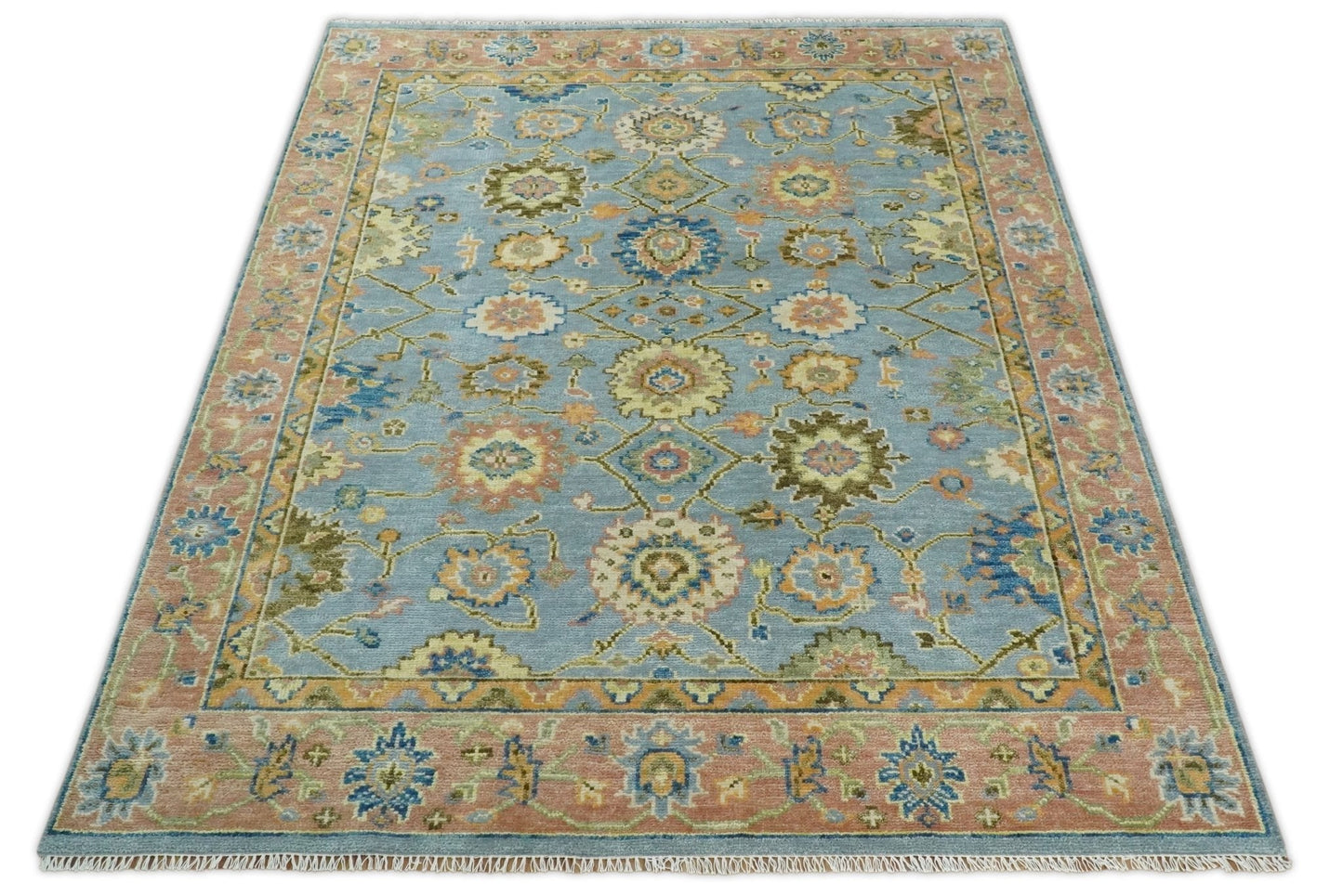 Hand Knotted Blue and Rust Traditional Oushak Area Rug