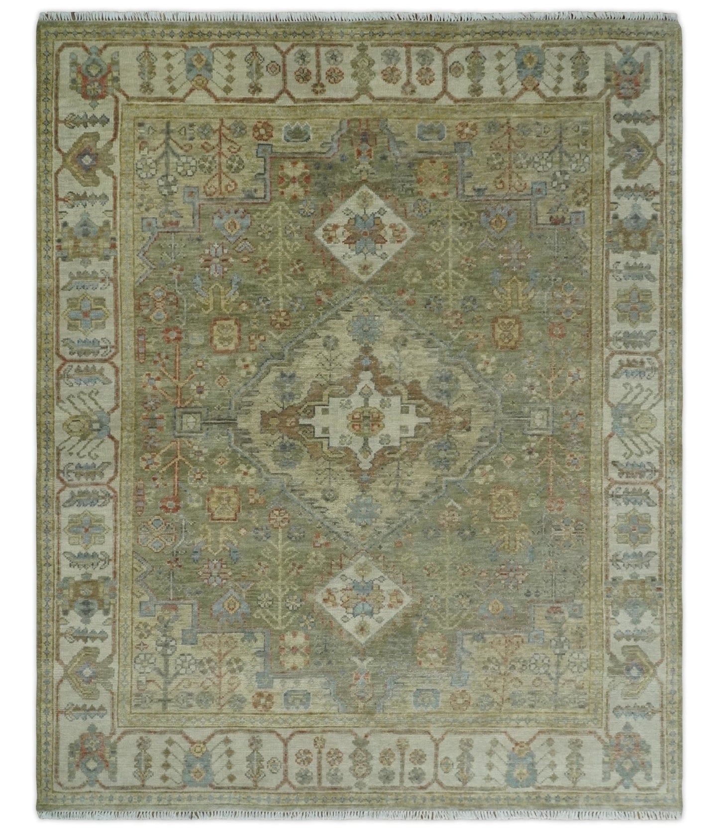 Antique Look Hand Knotted Medallion Olive and Ivory Vintage Style Wool Rug