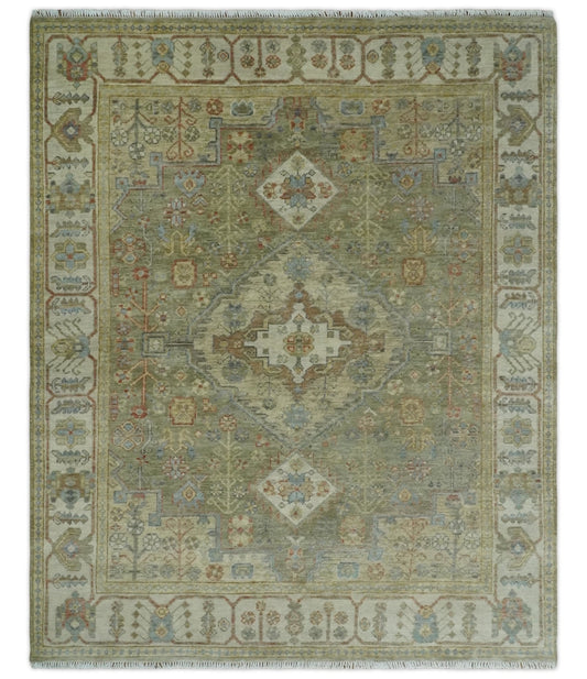 Antique Look Hand Knotted Medallion Olive and Ivory Vintage Style Wool Rug