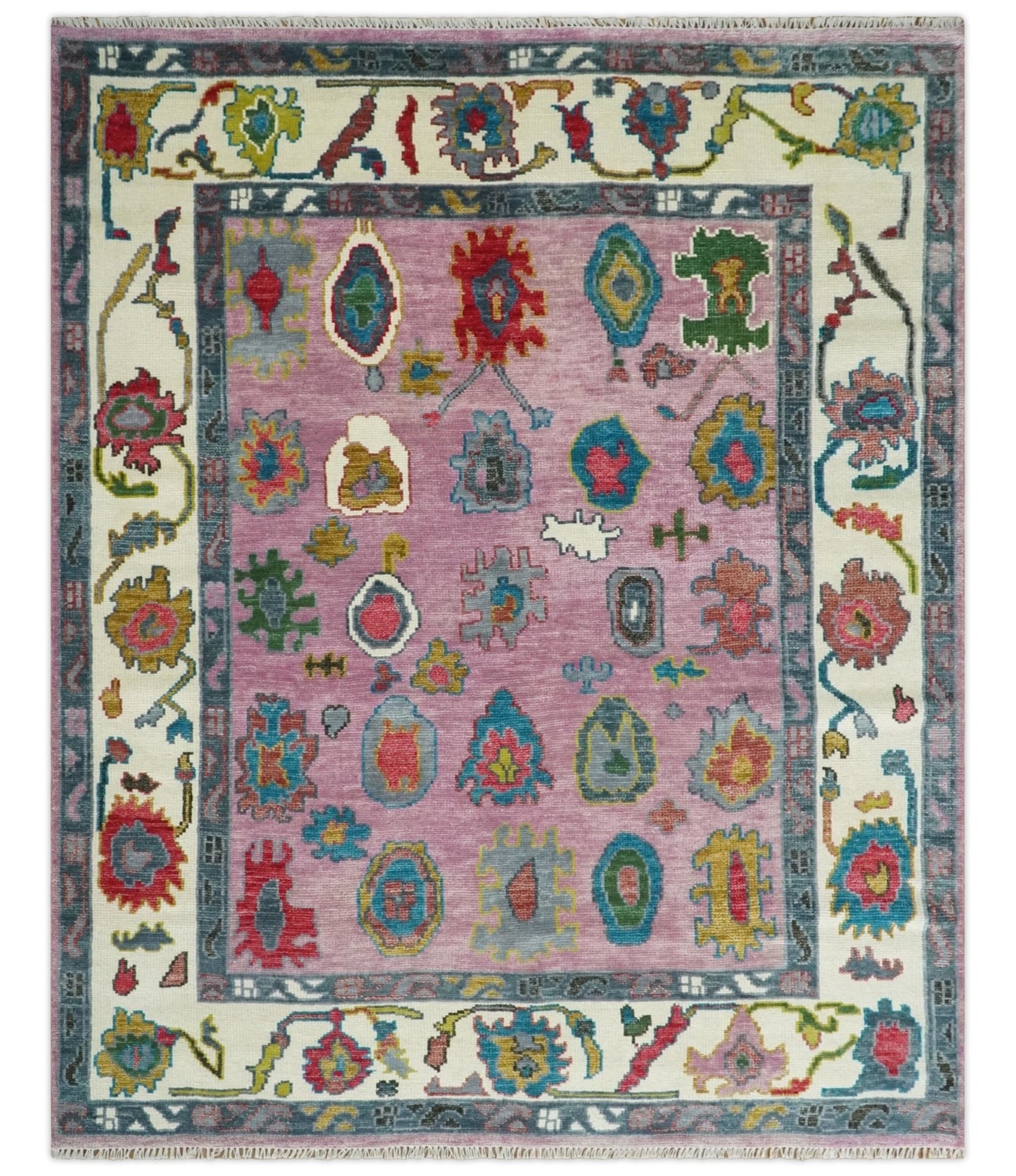 Custom Made Purple and Ivory Vibrant Colorful Hand knotted Oushak wool Rug