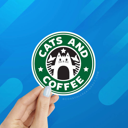 Cats and Coffee 3" Laptop Water Bottle Sticker (Waterproof): Unpackaged