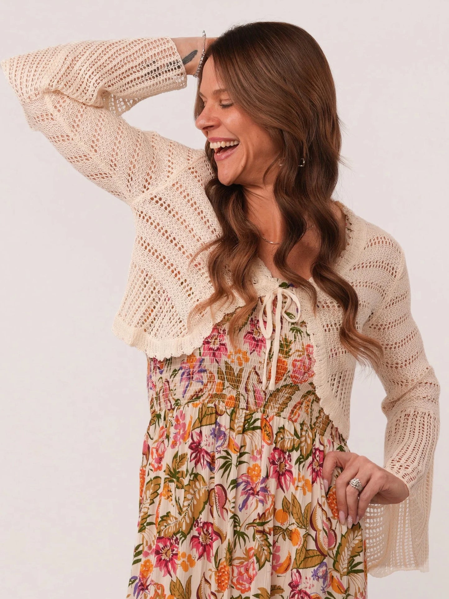 Ivory Bell Sleeve Tie Front Cropped Cardigan