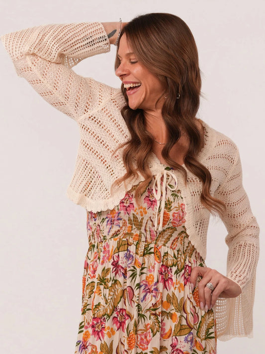 Ivory Bell Sleeve Tie Front Cropped Cardigan
