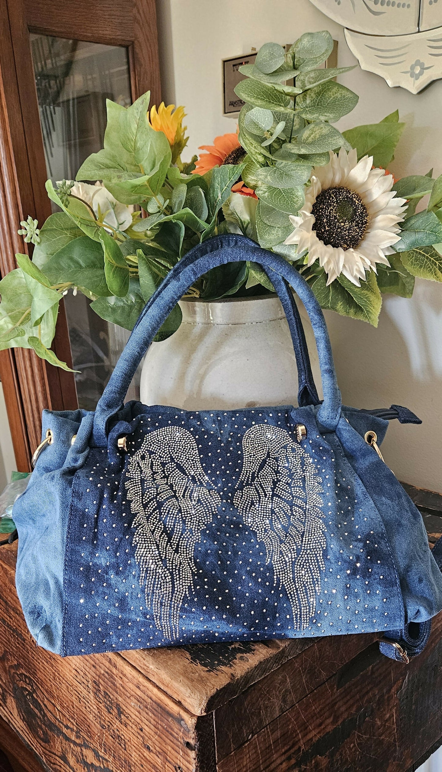 Anytime Crystals Denim & Rhinestone Angel Wings Bag / Crossbody