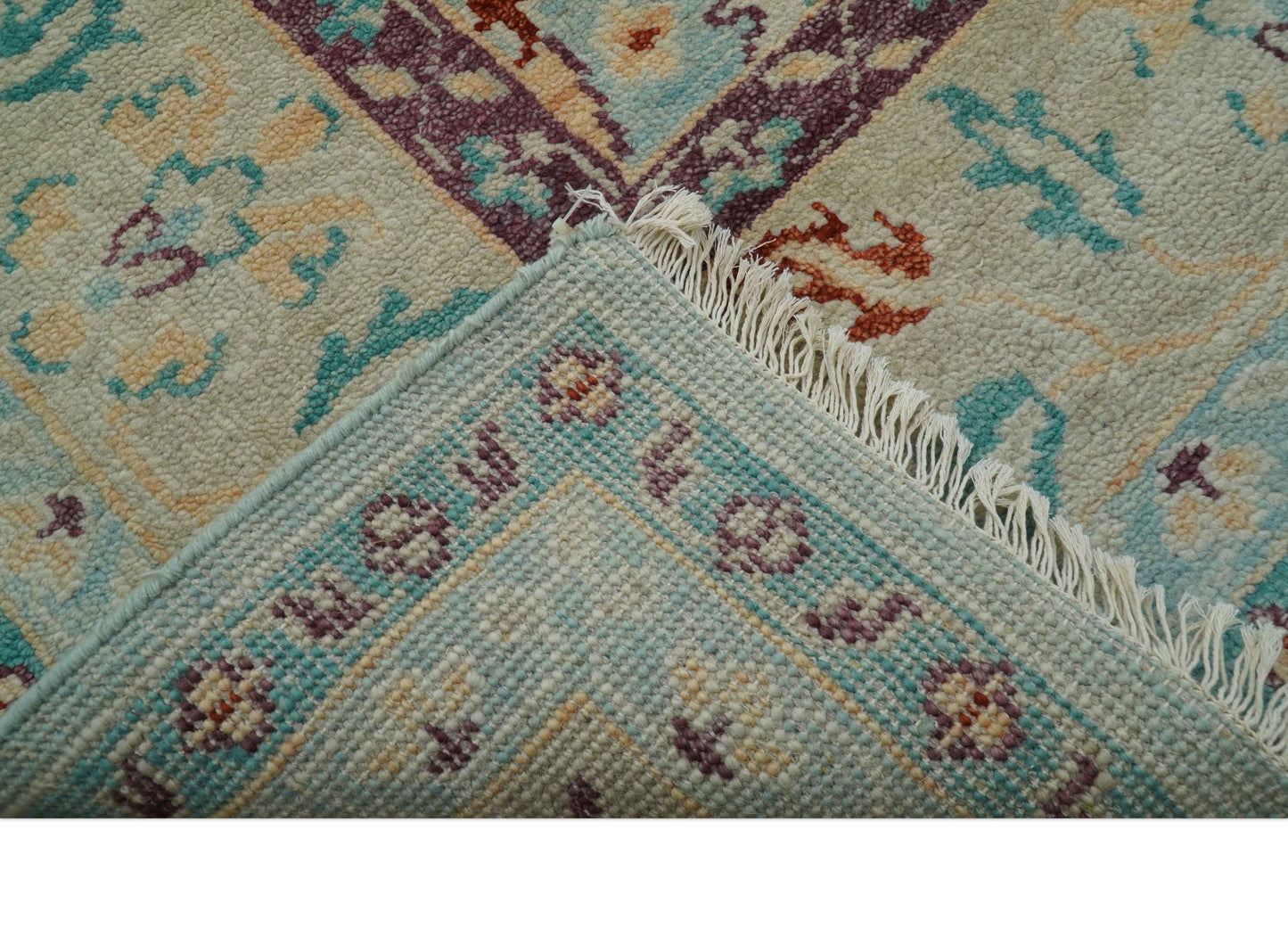 Teal And Beige Traditional Oushak Hand Knotted Wool Area Rug
