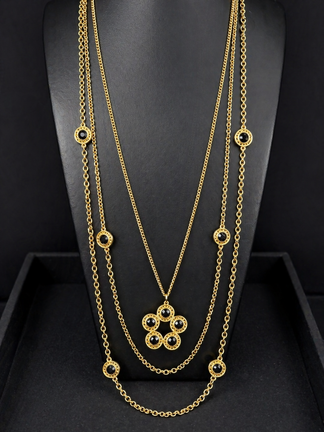 Vintage Celebrity Gold Tone 39” Necklace with Glass Cabochons and Floral Pendant