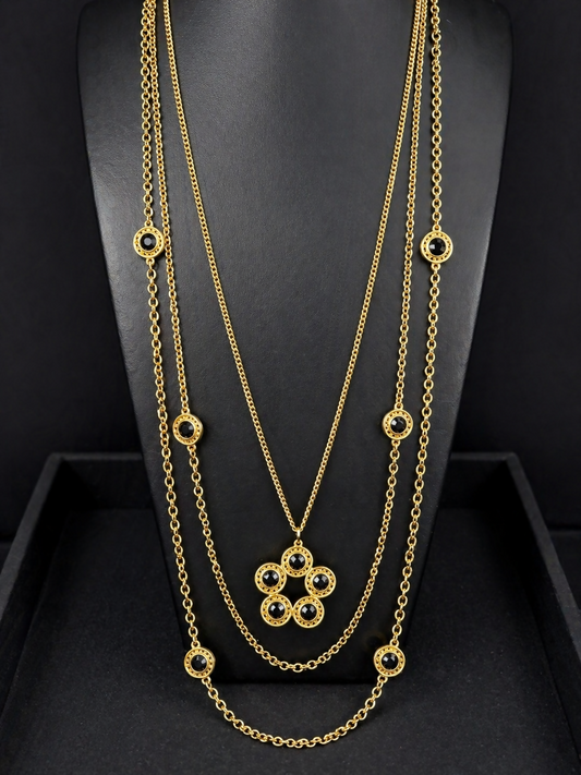 Vintage Celebrity Gold Tone 39” Necklace with Glass Cabochons and Floral Pendant